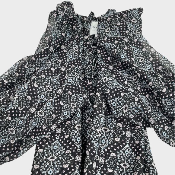 MISA Los Angeles Printed Split-Neck Blouson Tiered Ruffle Mini Dress Size Small - Picture 8 of 15